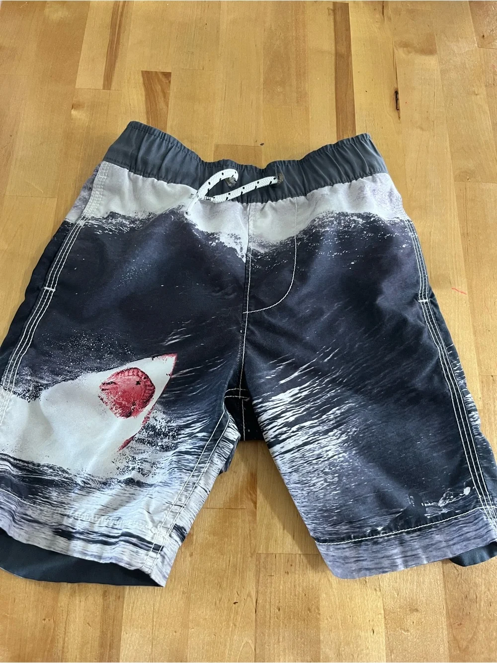 GAP Boys Black and White Shark Wave Swim Shorts with Red Accent